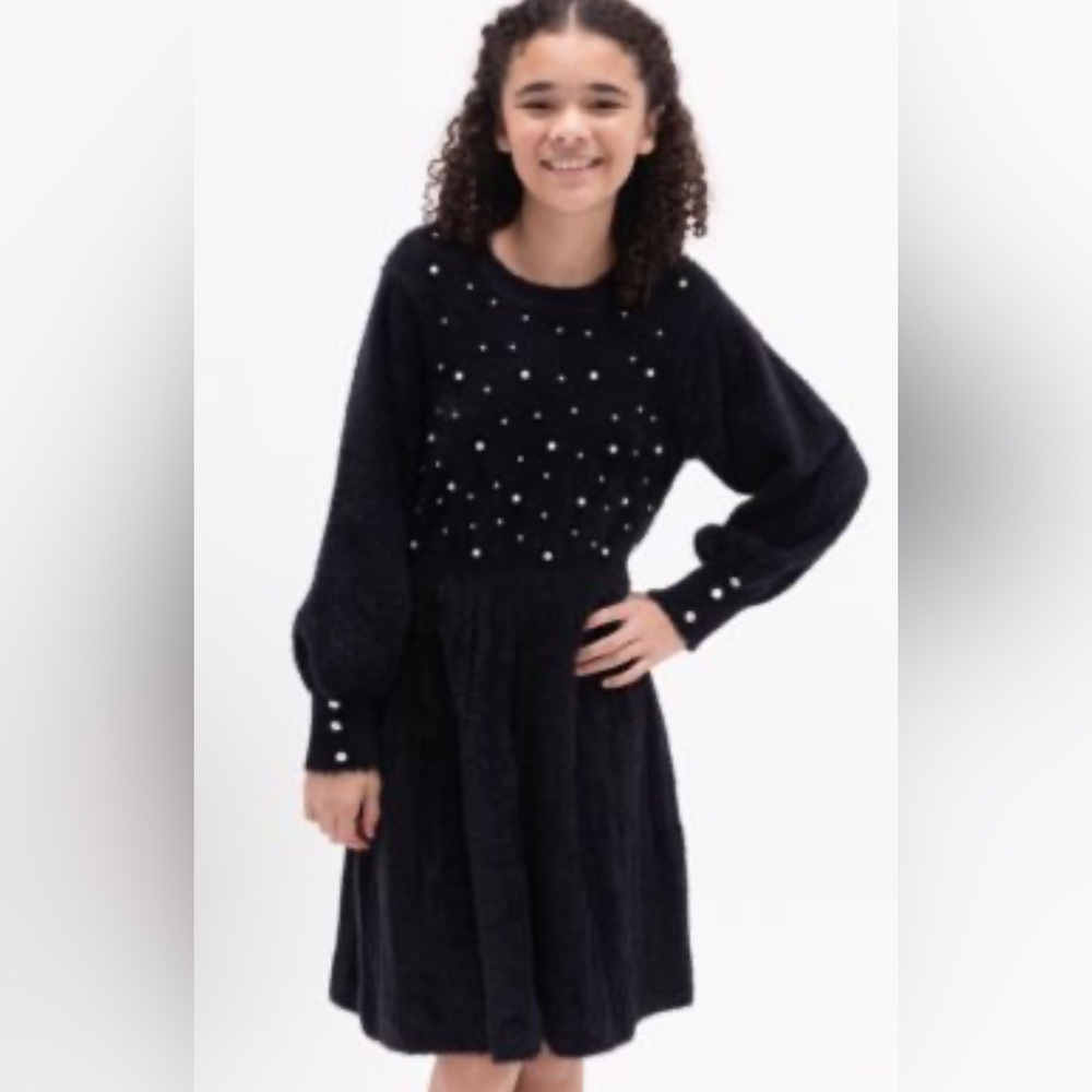 Rare Editions Black Fuzzy Sweater Pearl Dress Girls Size 16 Party Holiday NEW